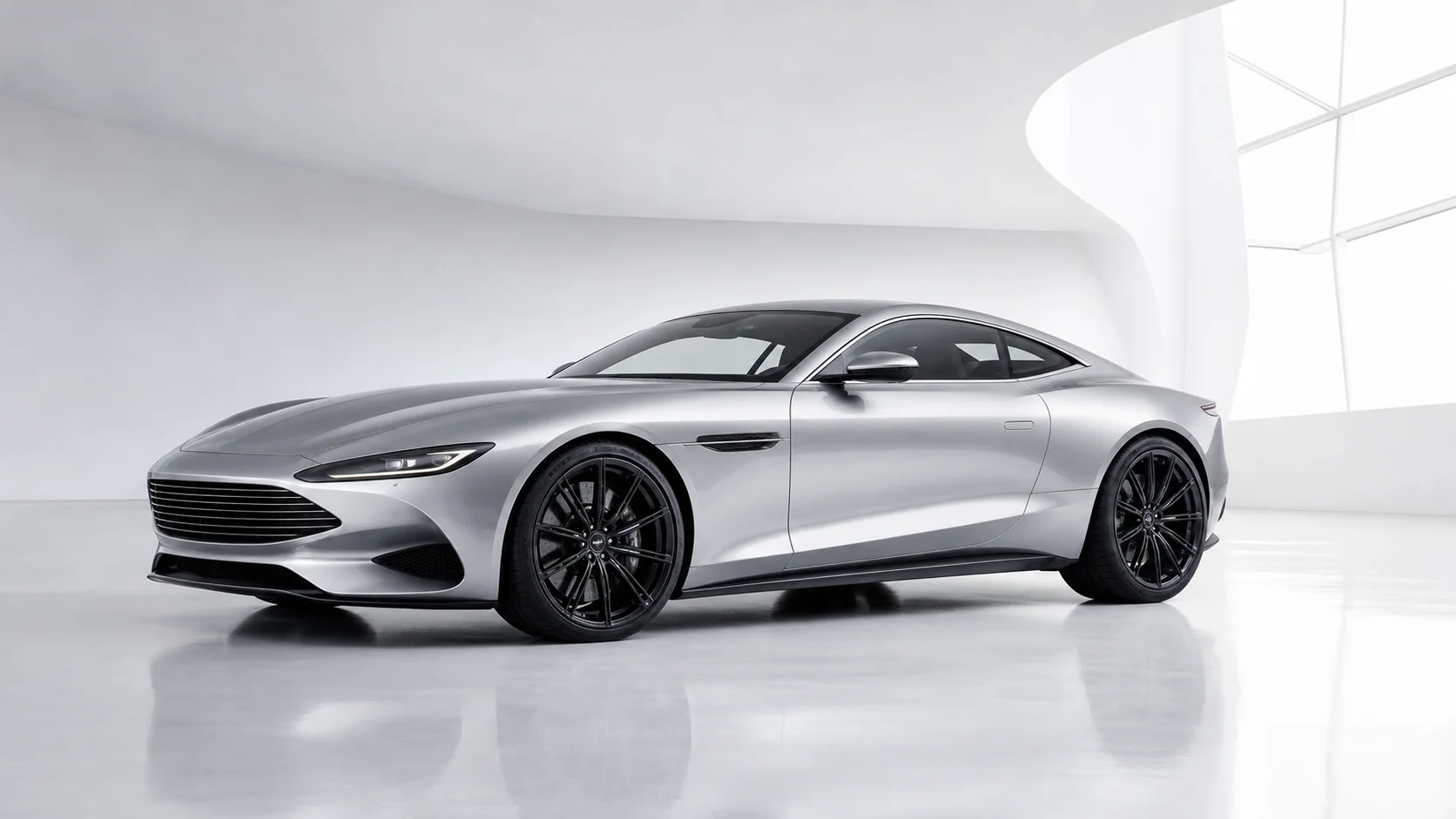 Silver fictional grand-touring coupe in a white architectural showroom