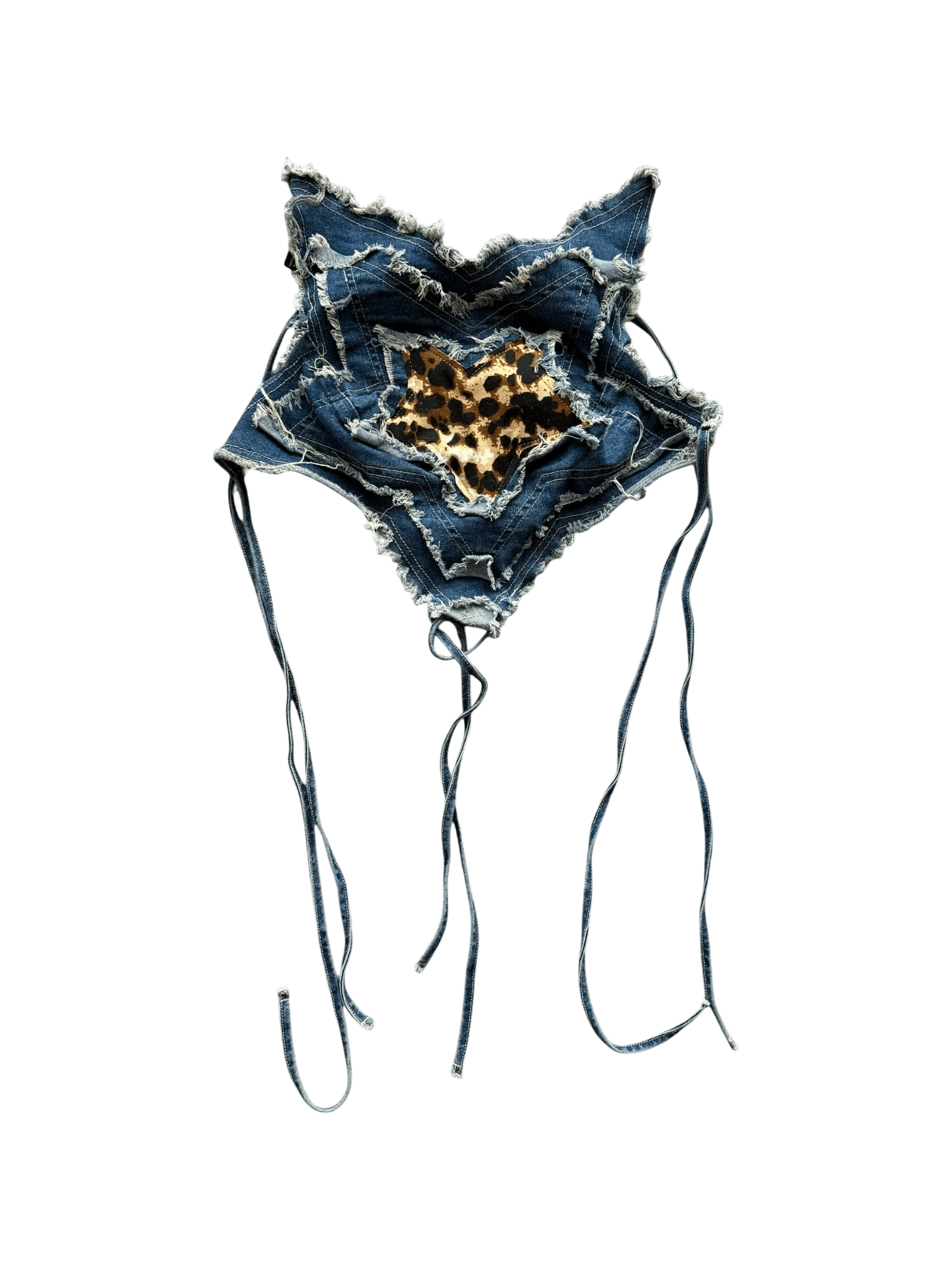 SHEIN Y2K Distressed Denim Star Halter Crop Top with Leopard Print Detail primary product image